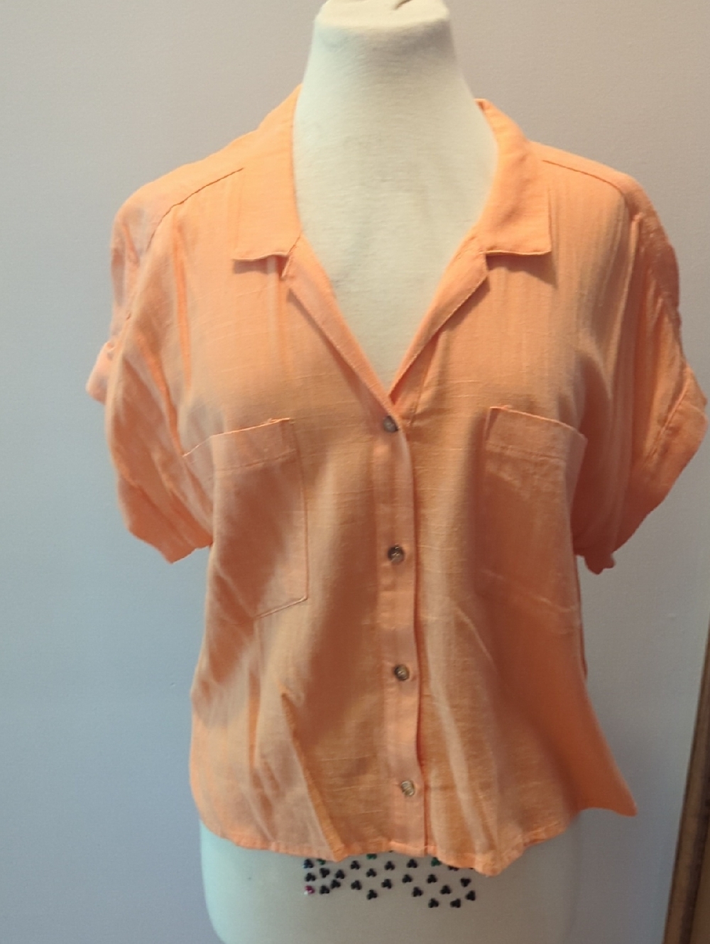 mi ami Peach Short-Sleeve Button-Down Top